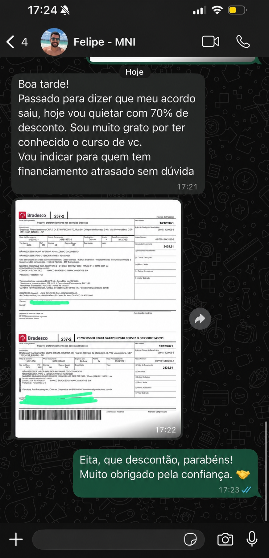 Aluno relata acordo fechado com 70% de desconto